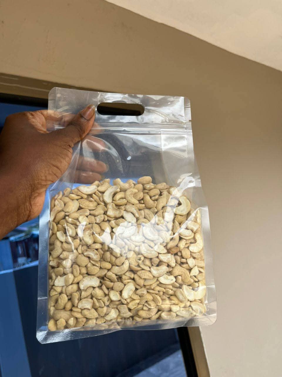 Hand holding a clear bag of cashew kernels
